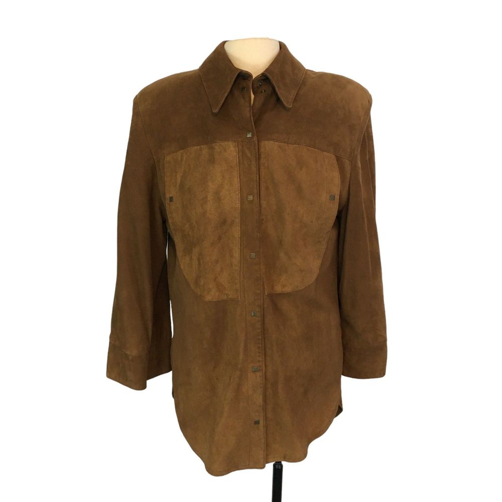 Womens Vintage 80s Brown Leather Shirt Jacket, Snap Front, sz 10, 42 chest